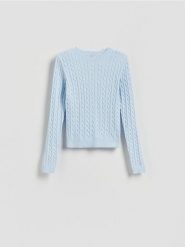 Sweter z ozdobnym splotem - jasnoniebieski. Niebieskie swetry klasyczne damskie Reserved, l, z dzianiny, bez kołnierzyka. Za 99.99 zł.