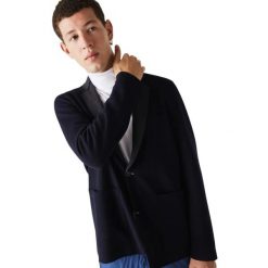 Sweter turystyczny męski Lacoste VH3495 wełniany granatowy blazer. Niebieskie kardigany męskie Lacoste, l, bez wzorów, z bawełny, eleganckie, bez kołnierzyka. Za 947.00 zł.