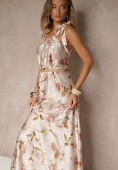 Beżowa Sukienka z Satyny w Kwiatowy Wzór Fenimea. Brązowe sukienki damskie Renee, na imprezę, na lato, s, bez wzorów, z satyny, eleganckie, bez kołnierzyka, bez ramiączek, maxi. W wyprzedaży za 132.99 zł.