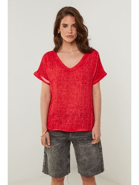 Rodier Lin Lniana koszulka w kolorze czerwonym rozmiar: XL/XXL. Czerwone bluzki damskie Rodier Lin, xl, bez wzorów, ze lnu, bez kołnierzyka, bez ramiączek. Za 126.75 zł.