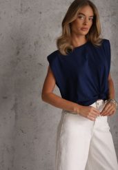 Granatowy Wiązany Top Oversize z Bawełny Bez Rękawów z Poduszkami w Ramionach Othrassa. Niebieskie topy damskie Renee, bez wzorów, z bawełny, bez kołnierzyka. Za 69.99 zł.