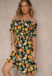 Czarna Sukienka Typu Hiszpanka z Bawełną ze Wzorem Cytrusów Aprona. Czarne sukienki damskie Renee, na co dzień, na lato, l, bez wzorów, z bawełny, eleganckie, bez kołnierzyka, bez ramiączek, midi. Za 59.99 zł.