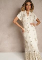 Beżowa Sukienka Koszulowa z Bawełną i Metaliczną Nicią Ullio. Brązowe sukienki damskie Renee, na co dzień, l, bez wzorów, z bawełny, eleganckie, bez kołnierzyka, bez ramiączek, maxi, kopertowe. W wyprzedaży za 135.99 zł.