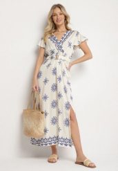 Niebieska Sukienka w Ornamentalny Wzór z Elastycznym Paskiem Tosvanna. Niebieskie sukienki damskie Born2be, na co dzień, l, z aplikacjami, eleganckie, bez kołnierzyka, bez ramiączek, maxi, kopertowe. W wyprzedaży za 87.99 zł.