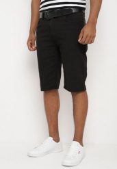 Czarne Bawełniane Szorty z Wywiniętymi Nogawkami i Paskiem z Ekoskóry Zapinane na Suwak Wannesia. Czarne szorty męskie Born2be, bez wzorów, z bawełny, klasyczne. Za 99.99 zł.