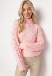 Różowy Sweter z Golfem w Warkoczowy Splot ze Ściągaczami Maraiwai. Czerwone golfy damskie Born2be, bez wzorów, ze splotem, bez ramiączek. Za 109.99 zł.