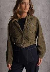 Zielona Kurtka Utility Cropped z Imitacji Zamszu z Suwakami i Paskiem w Talii Gleania. Zielone kurtki damskie Renee, l, bez wzorów, z koronki, bez kaptura. Za 229.99 zł.