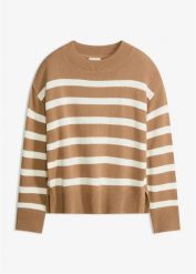 Sweter z cienkiej dzianiny z mieszanki bawełny. Brązowe swetry klasyczne damskie bonprix, z bawełny, bez kołnierzyka. Za 64.99 zł.