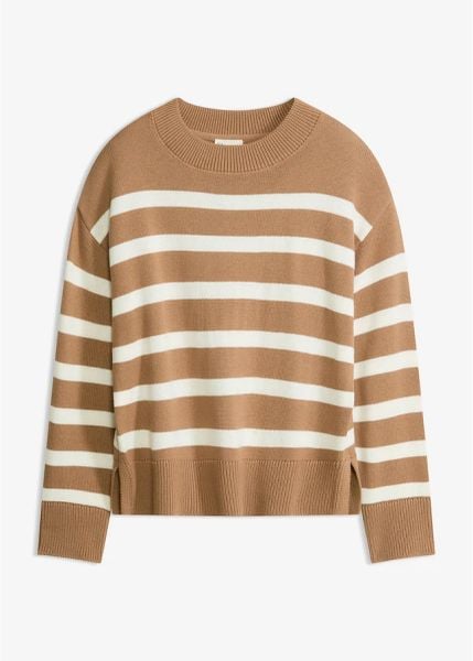 Sweter z cienkiej dzianiny z mieszanki bawełny. Brązowe swetry klasyczne damskie bonprix, z bawełny, bez kołnierzyka. Za 64.99 zł.
