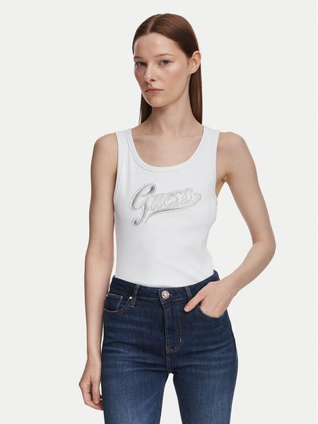Guess Top W6YP30 K4380 Biały Slim Fit. Białe topy damskie Guess, xl, z aplikacjami, z syntetyku, bez kołnierzyka. Za 194.99 zł.