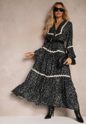 Szara Sukienka w Panterkę Rozkloszowana Ozdobiona Falowanymi Lamówkami Zetilaine. Szare sukienki damskie Renee, l, bez wzorów, z materiału, bez kołnierzyka, bez ramiączek, maxi, rozkloszowane. W wyprzedaży za 111.99 zł.