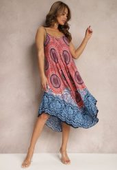Niebiesko-Czerwona Rozkloszowana Sukienka z Wiskozy na Regulowanych Ramiączkach Tesaxena. Niebieskie sukienki damskie Renee, na lato, s, bez wzorów, z materiału, bez kołnierzyka, bez ramiączek, midi, rozkloszowane. W wyprzedaży za 34.99 zł.