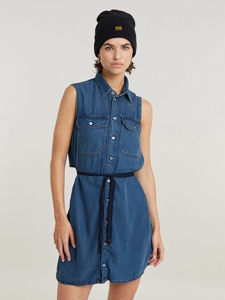 G-Star Sukienka dżinsowa w kolorze niebieskim rozmiar: S. Niebieskie sukienki damskie G-Star, s, bez wzorów, retro, bez kołnierzyka, bez ramiączek, mini. Za 243.64 zł.