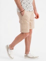 Spodenki męskie bawełniane cargo z elastycznym pasem – beżowe V3 OM-SRCG-0190 - XXL. Brązowe szorty męskie Ombre Clothing, z bawełny, bez kołnierzyka. W wyprzedaży za 79.99 zł.