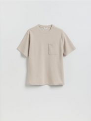 Strukturalny t-shirt comfort fit - beżowy. Brązowe t-shirty męskie Reserved, l, bez wzorów, z bawełny, bez kołnierzyka. Za 69.99 zł.