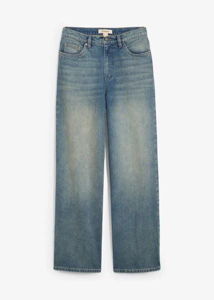 Dżinsy z szerokimi nogawkami, high waist. Niebieskie jeansy damskie bonprix, z podwyższonym stanem. Za 124.99 zł.