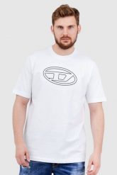DIESEL Biały t-shirt męski z wytłaczanym logo. Białe t-shirty męskie Diesel, l, bez wzorów, prążkowane, bez kołnierzyka. W wyprzedaży za 299.99 zł.
