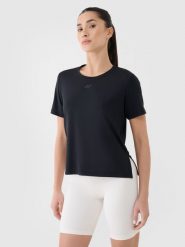 4F Koszulka treningowa oversize szybkoschnąca damska - czarna L. Czarne bluzki sportowe damskie 4f, l, bez wzorów, z dzianiny, bez ramiączek. Za 79.99 zł.