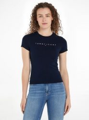 TOMMY JEANS Koszulka w kolorze granatowym rozmiar: S. Niebieskie bluzki damskie Tommy Jeans, s, bez wzorów, z bawełny, bez kołnierzyka, bez ramiączek. Za 79.03 zł.