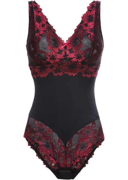 Body bez fiszbinów z koronką w kwiaty. Czarne body damskie bonprix, bez wzorów, z koronki. Za 149.99 zł.