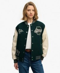 Superdry Kurtka Bomber Varsity Patched z Wełną i Poliestrem Recyklingowym. Zielone kurtki męskie Superdry., z aplikacjami, z bawełny, bez kaptura. Za 664.85 zł.