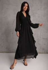 Czarna Rustykalna Sukienka Wieczorowa z Falbanami i Marszczeniem w Talii Himereanes. Czarne sukienki damskie Renee, l, z aplikacjami, z materiału, wizytowe, bez kołnierzyka, bez ramiączek, maxi, rozkloszowane. Za 199.99 zł.