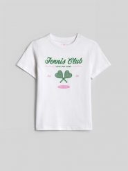 4F T-shirt regular z nadrukiem dziewczęcy - biały 128 (7-8 lat). Białe koszulki dziewczęce 4f, bez wzorów, z bawełny, bez ramiączek. Za 49.99 zł.