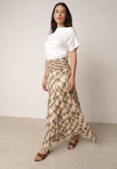 Beżowo-Żółta Rozkloszowana Spódnica z Marszczonym Pasem w Talii w Stylu Preppy Jenniea. Brązowe spódniczki damskie Born2be, l, bez wzorów, z dzianiny, biznesowe, maxi, koszulowe. Za 169.99 zł.