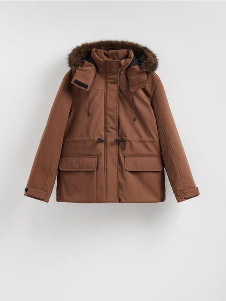 Kurtka parka z kapturem - brązowy. Brązowe kurtki damskie Reserved, l, bez wzorów, z tkaniny. Za 399.99 zł.