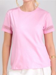 Bawełniania koszulka z ażurową wstawką - różowy. Czerwone t-shirty damskie Sinsay, l, w ażurowe wzory, z bawełny, bez kołnierzyka. Za 25.99 zł.