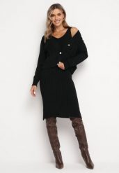 Czarny Prążkowany Komplet Dzianinowy z Kardiganem i Sukienką Selanor. Czarne sukienki damskie Born2be, bez wzorów, z dzianiny, bez kołnierzyka, bez ramiączek. Za 84.99 zł.