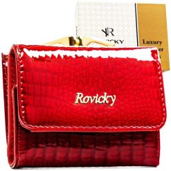 Mały, czerwony portfel damski ze skóry naturalnej z systemem RFID RH-32-1-RS Rovicky. Czerwone portfele damskie ROVICKY, bez wzorów, z lakierowanej skóry. Za 94.99 zł.