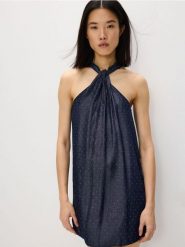 Sukienka mini z dekoltem halter - granatowy. Niebieskie sukienki damskie Reserved, l, bez wzorów, z bawełny, bez kołnierzyka, bez ramiączek, mini. W wyprzedaży za 39.99 zł.