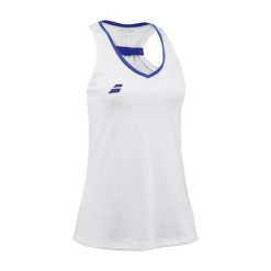 Koszulka damska Babolat Play. Białe bluzki damskie BABOLAT, bez wzorów, sportowe, bez kołnierzyka, bez ramiączek. Za 109.99 zł.