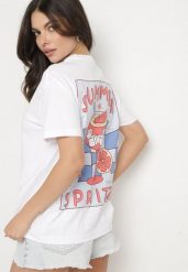 Biało-Niebieski Bawełniany T-shirt Typu Oversize z Nadrukiem i Napisem Fillana. Białe t-shirty damskie Born2be, uniwersalny, bez wzorów, z bawełny, bez kołnierzyka. Za 49.99 zł.