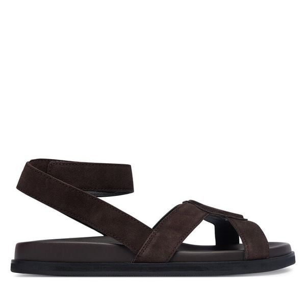 Sandały BOSS. Brązowe sandały damskie Boss, bez wzorów, bez obcasa, na płaskiej podeszwie. Za 899.99 zł.