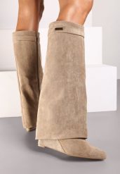 Ciemnobeżowe Kozaki z Wywiniętą Cholewką na Koturnie Turade. Brązowe kozaki damskie Renee, bez obcasa, na koturnie. Za 139.99 zł.