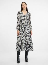 Orsay Sukienka w kolorze czarno-kremowym rozmiar: 34. Brązowe sukienki damskie ORSAY, bez wzorów, bez kołnierzyka, bez ramiączek, midi, kopertowe. Za 86.99 zł.