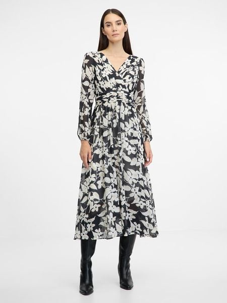 Orsay Sukienka w kolorze czarno-kremowym rozmiar: 34. Brązowe sukienki damskie ORSAY, bez wzorów, bez kołnierzyka, bez ramiączek, midi, kopertowe. Za 86.99 zł.