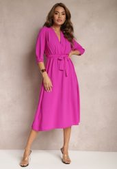 Fuksjowa Sukienka Canopis. Czerwone sukienki damskie Renee, m, bez wzorów, z materiału, eleganckie, bez kołnierzyka, bez ramiączek, midi, kopertowe. W wyprzedaży za 87.99 zł.