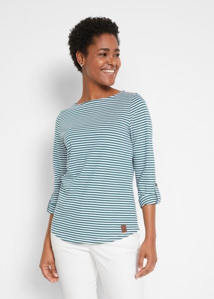 Bluzka z długim rękawem i. Niebieskie bluzki damskie bonprix, bez wzorów, z bawełny, bez kołnierzyka, bez ramiączek. Za 94.99 zł.