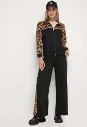 Czarny Komplet Dresowy Bluza ze Stójką i Szerokie Spodnie w Panterkę Savorre. Czarne bluzy bez kaptura damskie Born2be, l, z dresówki. Za 79.99 zł.