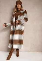 Brązowy Niezapinany Płaszcz w Kratkę z Kieszeniami z Klapą Fiboila. Brązowe płaszcze damskie Renee, l, bez wzorów, z jeansu, eleganckie. Za 429.99 zł.