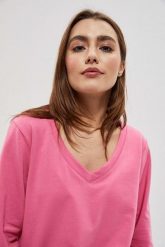Bluza z dekoltem w serek różowa. Czerwone bluzy bez kaptura damskie MOODO, xs, z bawełny. W wyprzedaży za 29.99 zł.