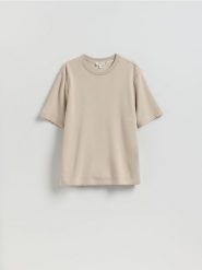 T-shirt regular z włóknem bambusowym - beżowy. Brązowe t-shirty męskie Reserved, l, bez wzorów, z dzianiny, bez kołnierzyka. Za 99.99 zł.