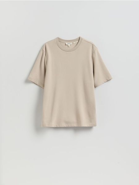 T-shirt regular z włóknem bambusowym - beżowy. Brązowe t-shirty męskie Reserved, l, bez wzorów, z dzianiny, bez kołnierzyka. Za 99.99 zł.