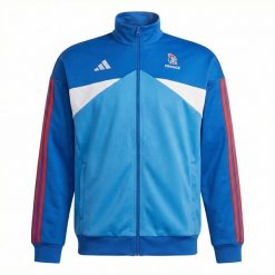 Kurtka dresowa damska Francja 2026/27. Niebieskie kurtki damskie Adidas, bez wzorów, z dresówki, bez kaptura. Za 349.50 zł.