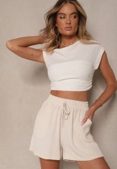 Jasnobeżowe Szorty z Wiskozą High Waist Ozdobione Wiązaniem Milareia. Brązowe spodenki sportowe damskie Renee, l, z wiskozy, trekkingowe. Za 39.99 zł.