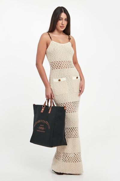 Sukienka maxi z tkaniny bouclé ELISABETTA FRANCHI. Sukienki damskie Elisabetta Franchi, bez wzorów, z tkaniny, bez kołnierzyka, bez ramiączek, maxi. Za 2,769.00 zł.