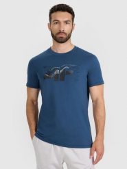 4F T-shirt regular z nadrukiem męski - turkusowy L. Niebieskie t-shirty męskie 4f, l, bez wzorów, z bawełny, bez kołnierzyka. Za 59.99 zł.
